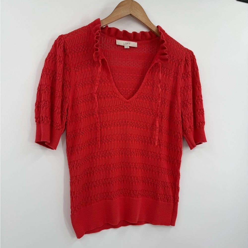 LOFT Pointelle Tie Neck Short Sleeve Cotton Knit Sweater in Red | Large